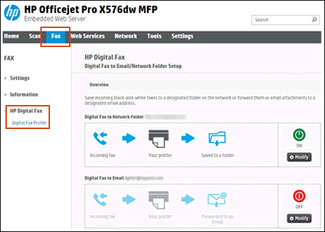 HP Digital Fax setup page in the advanced printer settings