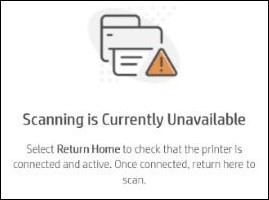 Пример сообщения о недоступном в настоящее время сканировании в HP Smart