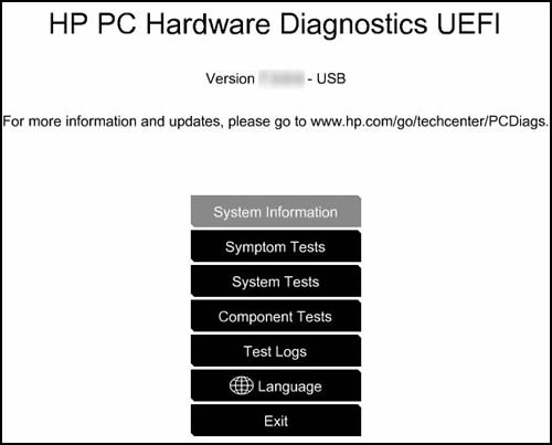 HP PC Hardware Diagnostics UEFI screen