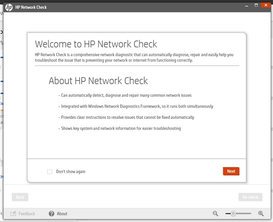 Экран проверки сети HP Network Check