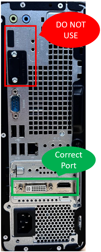 Pictuire of the location of the functional HDMI and VGA ports on HP Slim Desktop PCs