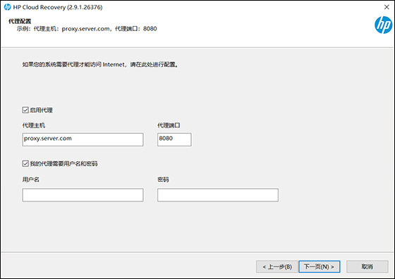 高亮显示“下一步”的“代理配置”屏幕