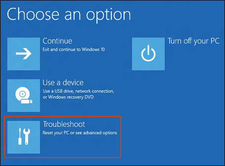 Selecting Troubleshoot in the Windows Recovery Environment