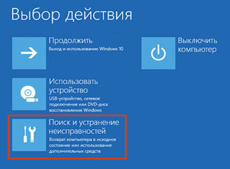 Выбор пункта Диагностика в среде восстановления Windows
