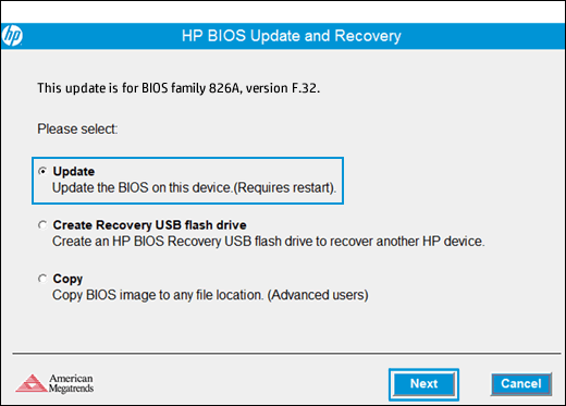 Selecting Update in HP BIOS Update and Recovery