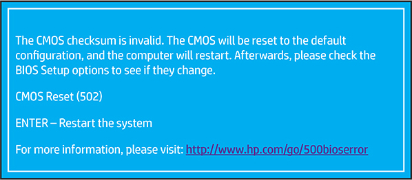 Identifying the CMOS Checksum Error (502)