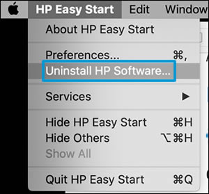 Clicking Uninstall HP software in HP Easy Start