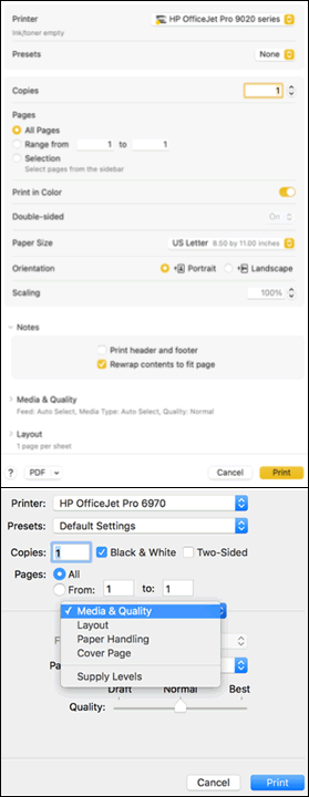 Print settings window