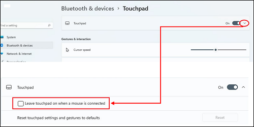 Clearing the Leave the touchpad on when a mouse is connected check box in Windows 11