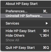 Clicking Uninstall HP software in HP Easy Start