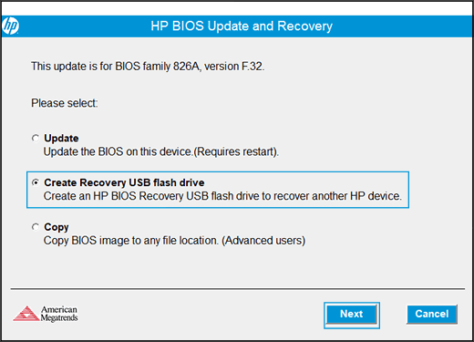 „USB-Wiederherstellungs-Flash-Laufwerk erstellen“ im Utility HP System-BIOS-Update-Utility