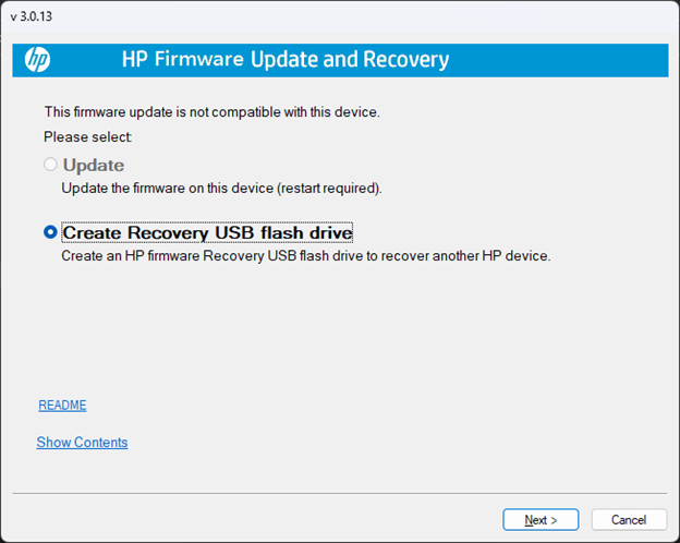 Create Recovery USB flash drive (จัดทําแฟลชไดร์ฟ USB กู้ข้อมูล) ใน HP System BIOS Update