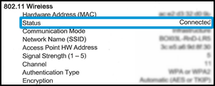 A Wireless Status of Connected on the Network Configuration Page