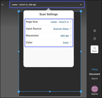 Clicking the Scan Settings menu