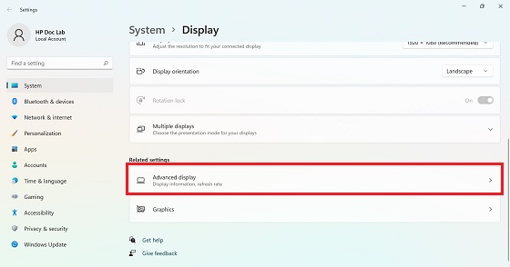 Opening the advanced display adapter properties