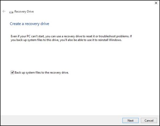 Recovery Drive window, showing Create a recovery drive