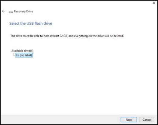 Recovery Drive window, showing Select the USB flash drive