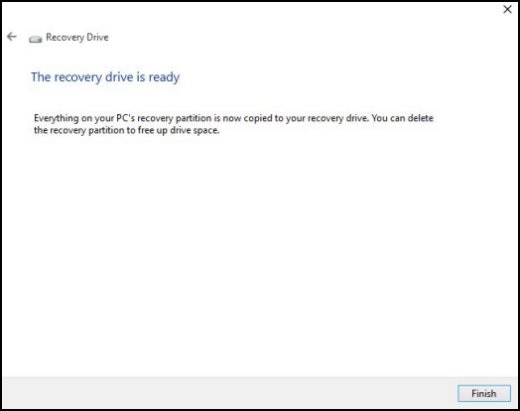 Recovery Drive window, showing The recovery drive is ready.