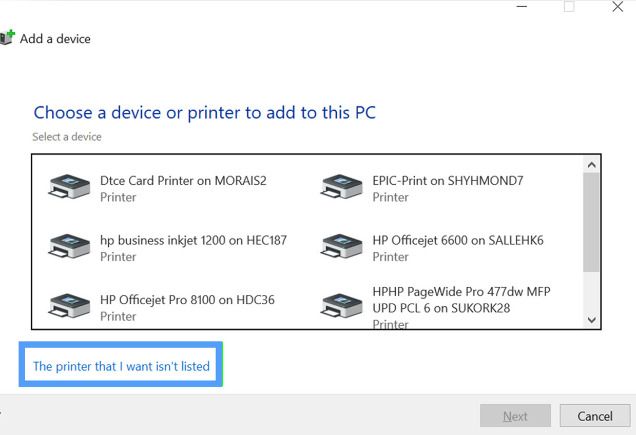 Select The printer that I want isn't listed.