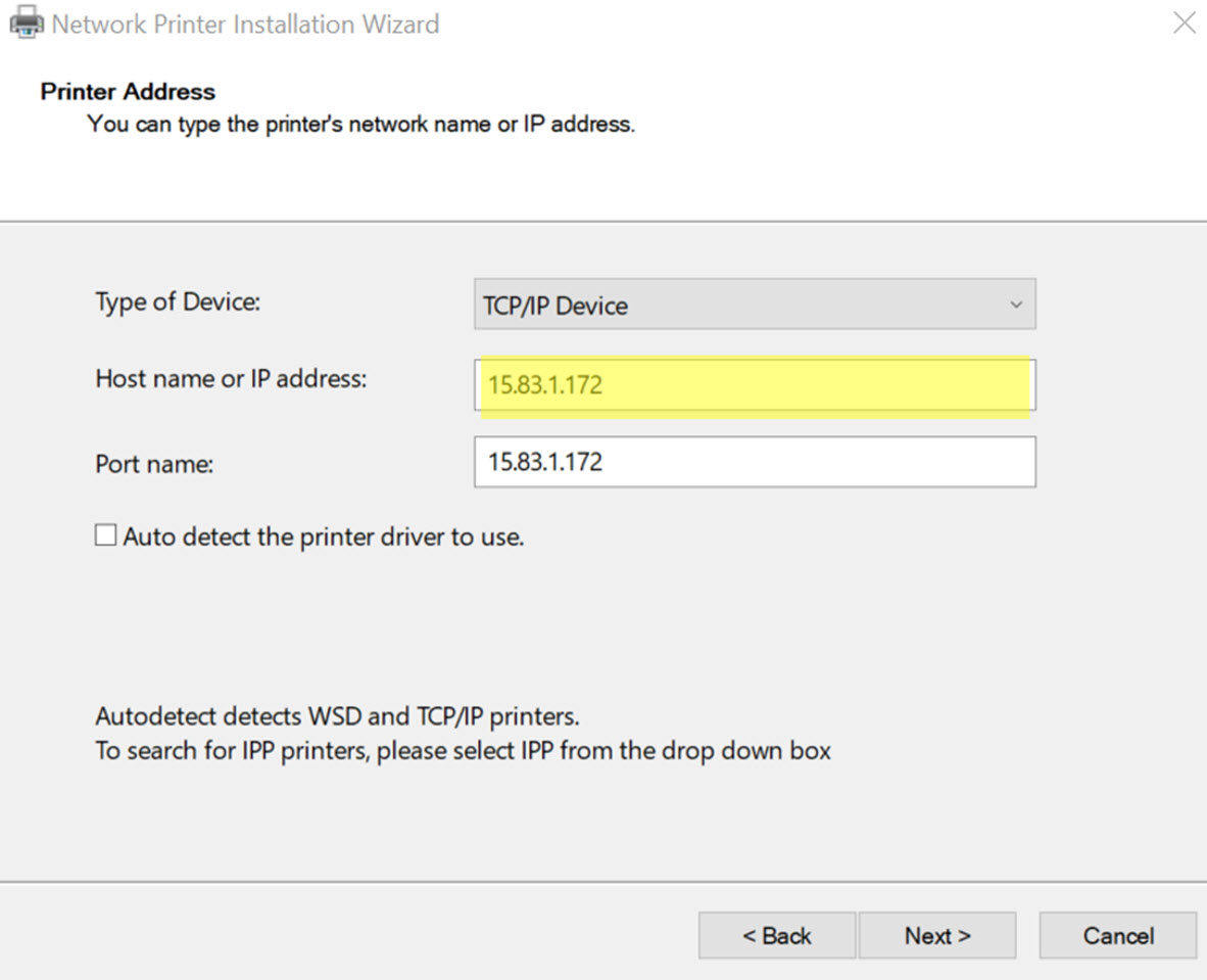 Add a printer using IP address or hostname.