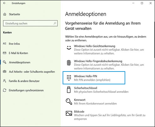 Auswählen der Option Windows Hello-PIN auf dem Bildschirm Anmeldeoptionen