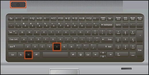 Locations of the Power button and key presses on the keyboard