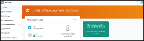 HP Smart account dashboard with an HP+ orange banner displaying