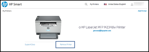 Clicking Remove Printer in HP Smart