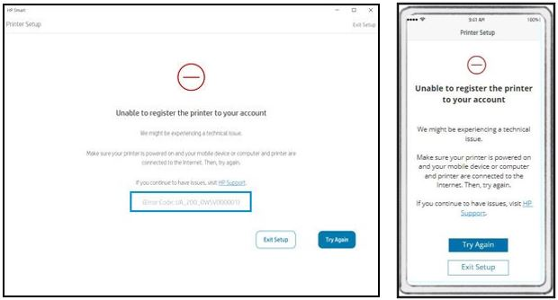 'Unable to register the printer to your account' error