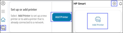 Examples of the HP Smart app Add Printer options