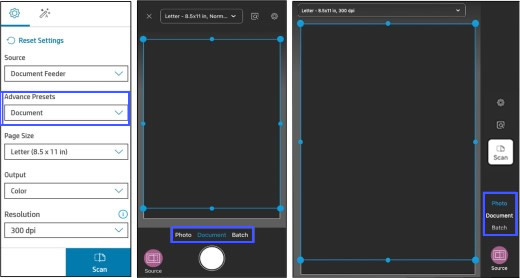 Location of the scan job types in Windows (left), mobile (middle), and macOS (right)