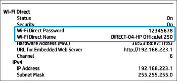 Location of the Wi-Fi Direct section on a network configuration report