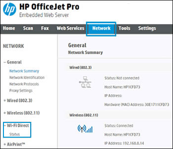 Clicking Wi-Fi Direct under the Network tab