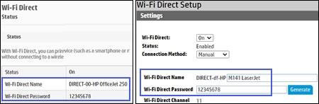 Locations of Wi-Fi Direct name and password in the EWS