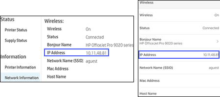 The printer IP address in the HP Smart app for Windows