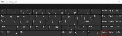 On-screen keyboard with Options selected