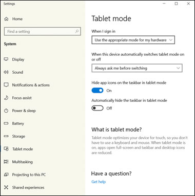 Tablet mode window settings