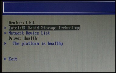 Intel Rapid Storage Technology selected in Devices List